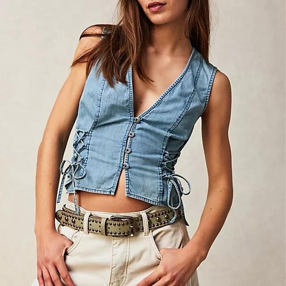 NWT Free People Lala Lace Up Side Tie Denim Vest Tank Top in Light Indigo - S